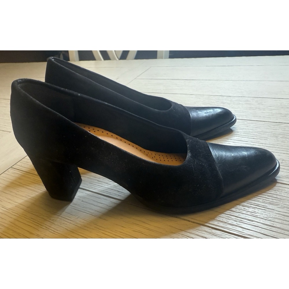 Evan Picone Made In Italy Black Suede W/ Leather 3" Stacked Heels. Sz 7.5B